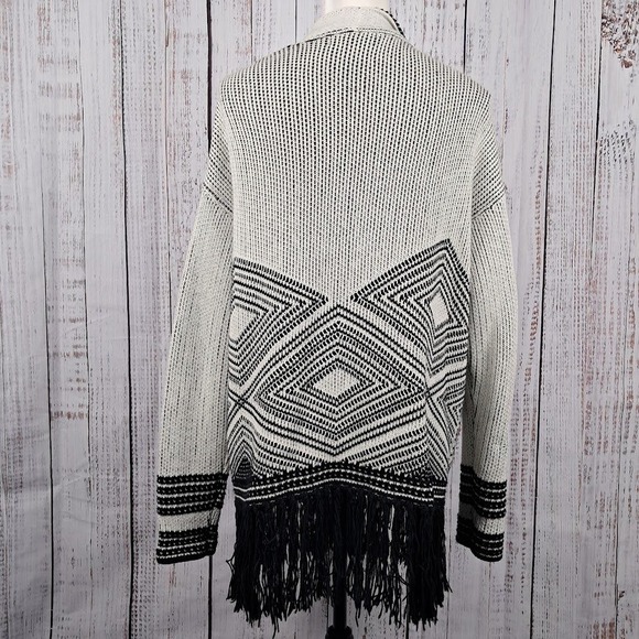 BANANA‎ REPUBLIC L Aztec Fringe Cardigan Black White Longline Cotton Wool Blend - Picture 7 of 8